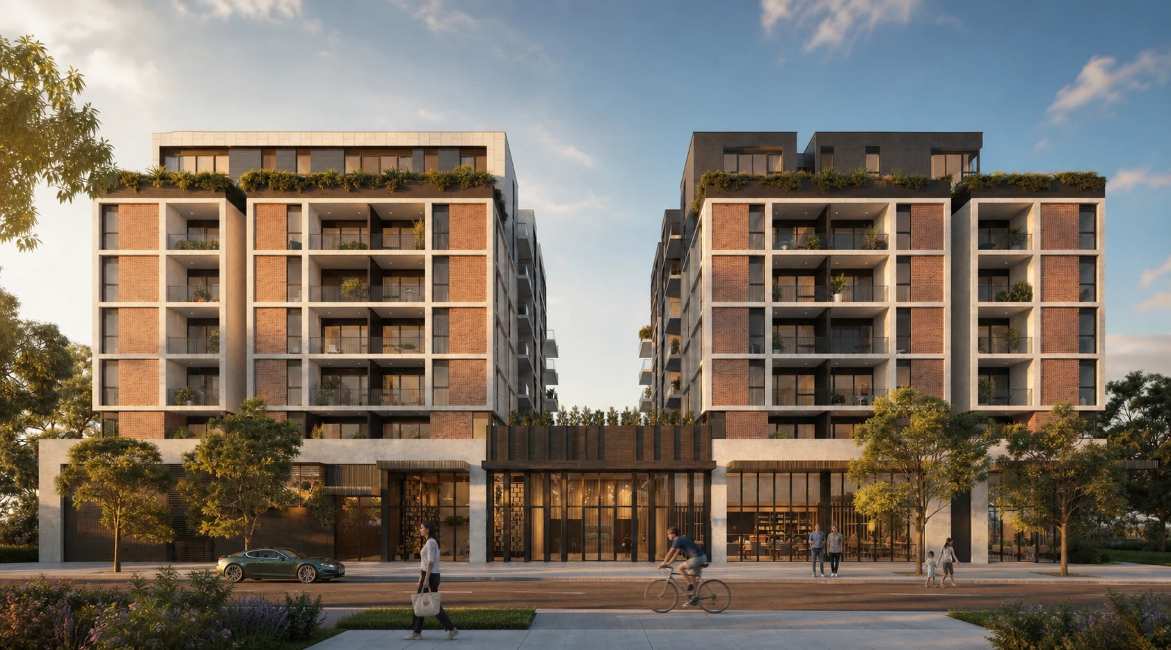 Artist impression of people arriving at the Crossley and Bourke precinct by foot, bicycle and car
