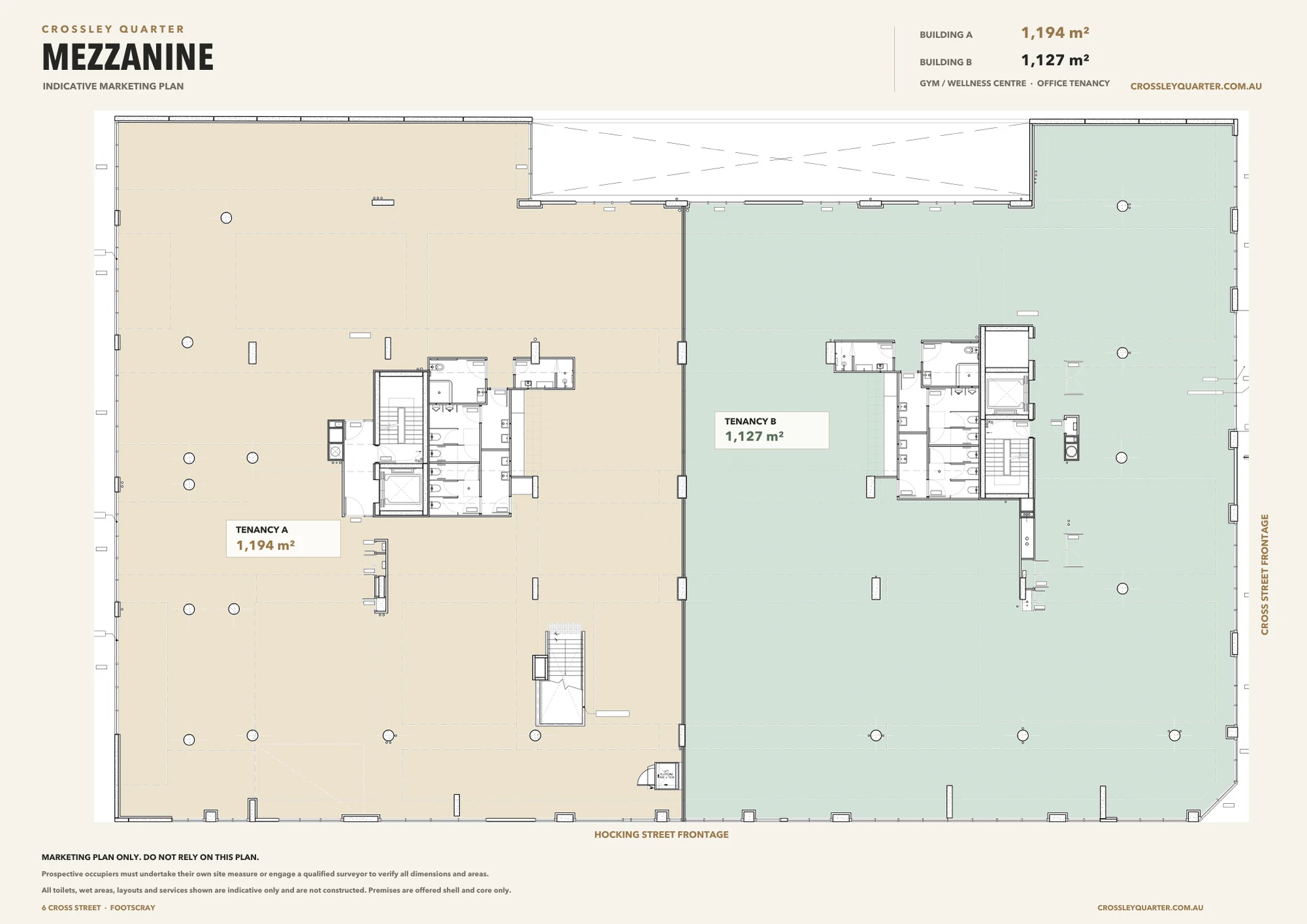 Crossley Quarter mezzanine marketing plan showing Tenancy A and Tenancy B