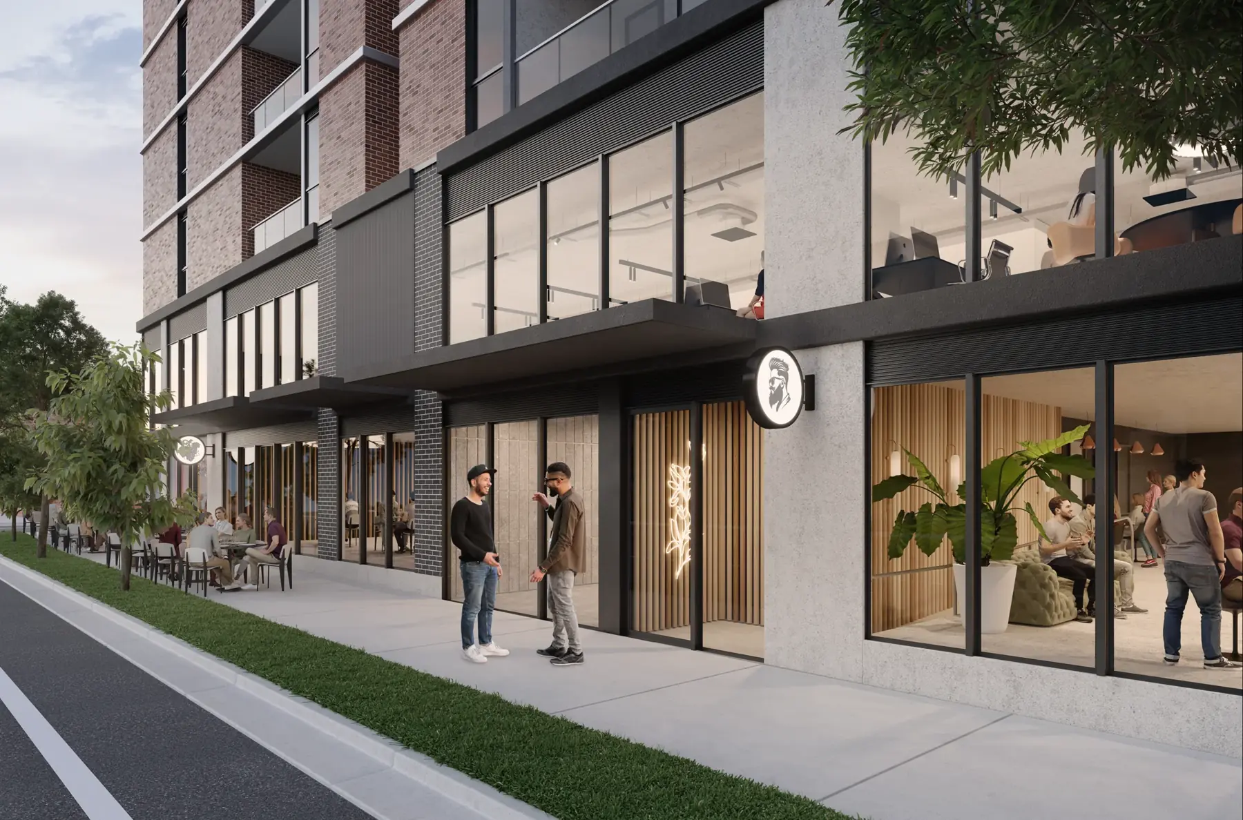 Architectural render showing activated retail and mezzanine commercial frontage
